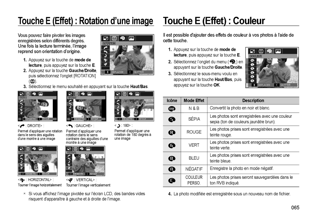 Samsung EC-WB550BBP/FR, EC-WB550ABP/FR manual Touche E Effet Couleur, Une fois la lecture terminée, l’image, 065, Perso 