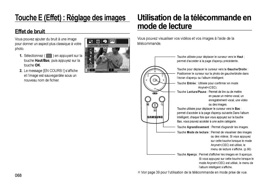 Samsung EC-WB550BBP/FR, EC-WB550ABP/FR manual Utilisation de la télécommande en mode de lecture, Effet de bruit, 068 