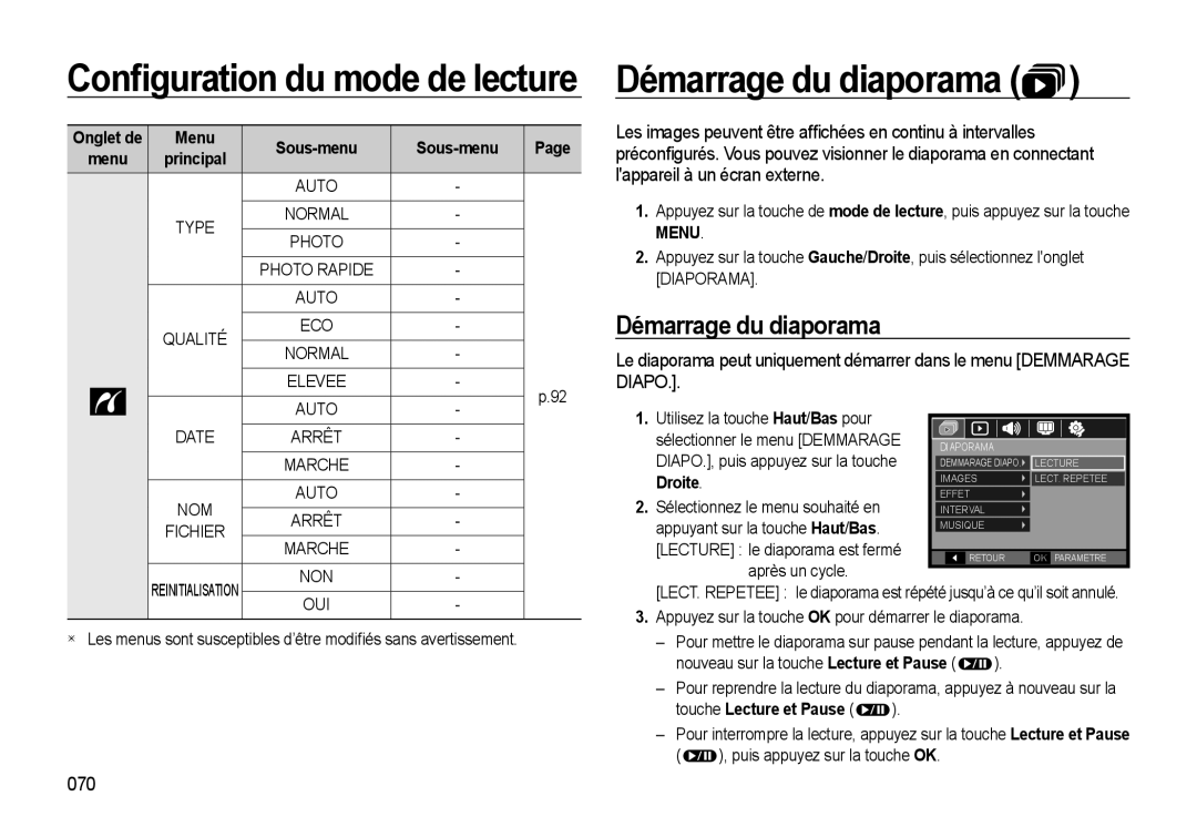 Samsung EC-WB560BBP/FR, EC-WB550BBP/FR, EC-WB550ABP/FR manual Démarrage du diaporama, 070, Droite 