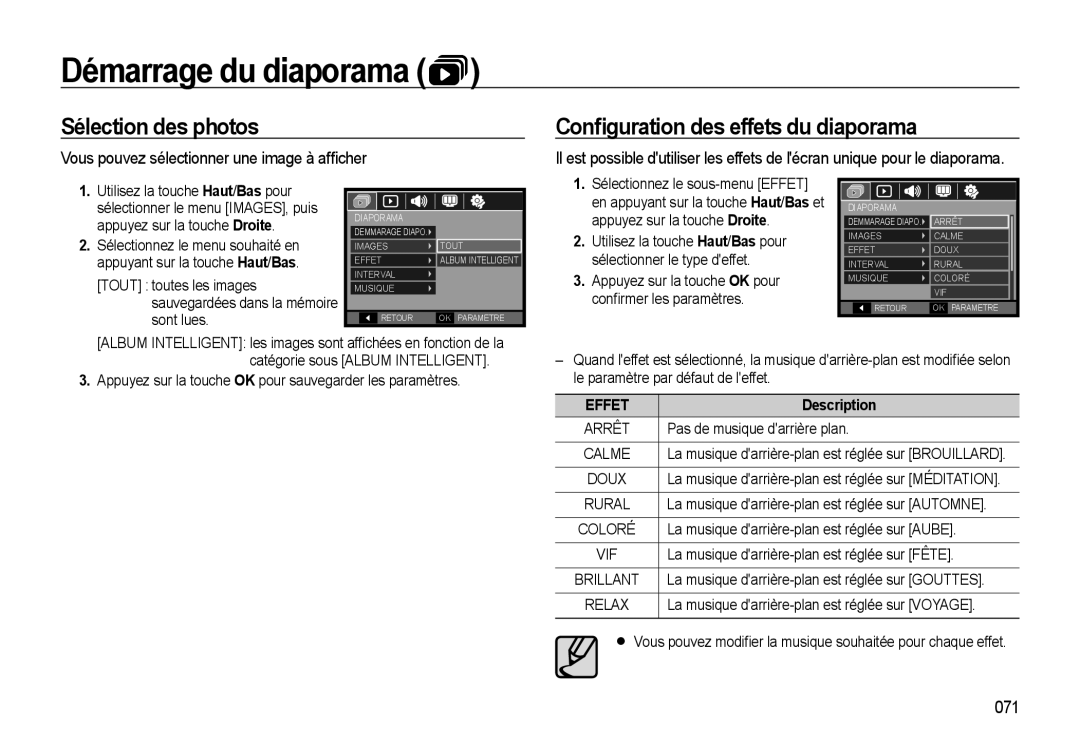 Samsung EC-WB550BBP/FR, EC-WB550ABP/FR, EC-WB560BBP/FR manual Sélection des photos, Conﬁguration des effets du diaporama, 071 