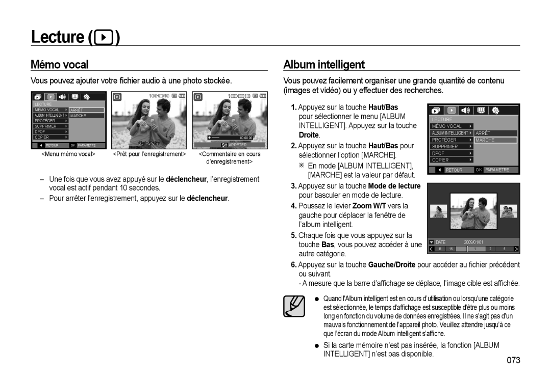 Samsung EC-WB560BBP/FR Lecture, Mémo vocal Album intelligent, Vous pouvez ajouter votre ﬁchier audio à une photo stockée 