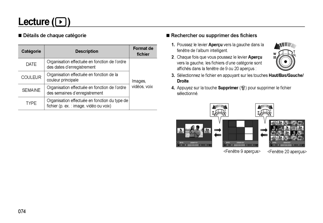 Samsung EC-WB550BBP/FR, EC-WB550ABP/FR manual Détails de chaque catégorie, Rechercher ou supprimer des ﬁchiers, 074 