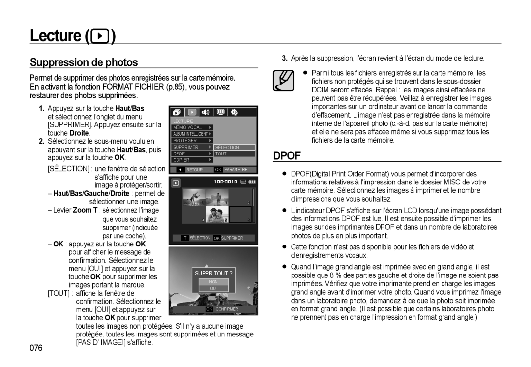 Samsung EC-WB560BBP/FR, EC-WB550BBP/FR, EC-WB550ABP/FR manual Suppression de photos, 076, Haut/Bas/Gauche/Droite permet de 