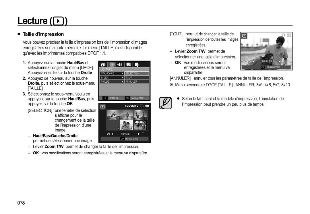 Samsung EC-WB550ABP/FR, EC-WB550BBP/FR Taille dimpression, 078, Haut/Bas/Gauche/Droite permet de sélectionner une image 