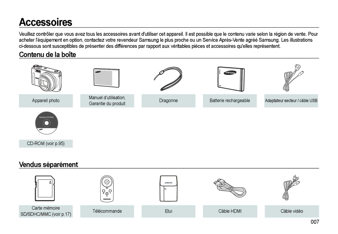 Samsung EC-WB560BBP/FR, EC-WB550BBP/FR, EC-WB550ABP/FR manual Accessoires, Contenu de la boîte, Vendus séparément, 007 