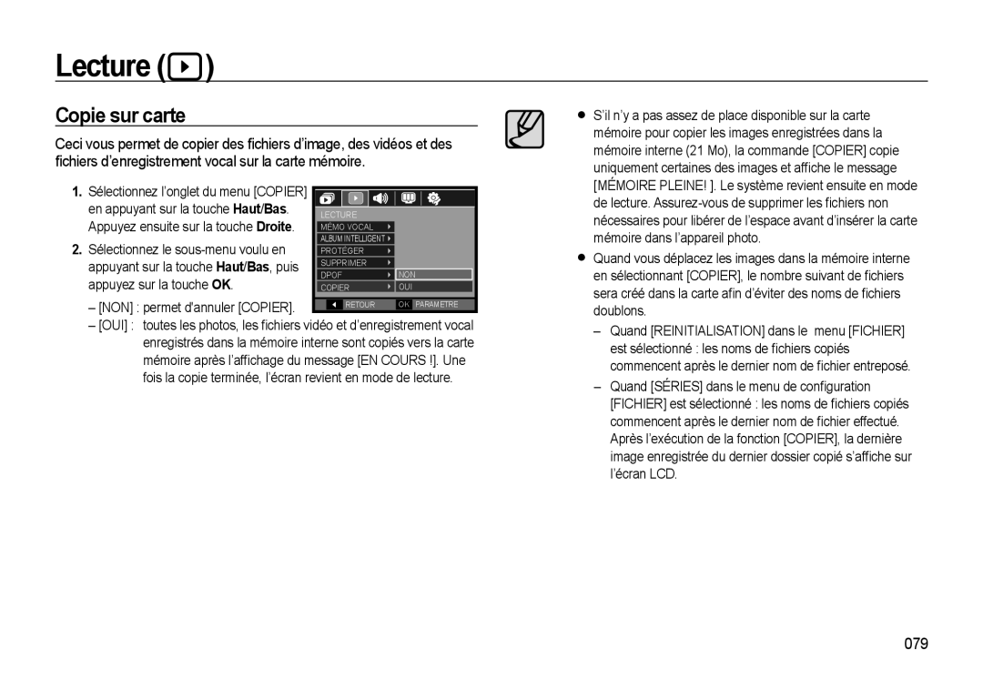 Samsung EC-WB560BBP/FR manual Copie sur carte, 079, En appuyant sur la touche Haut/ Bas, NON permet dannuler Copier 