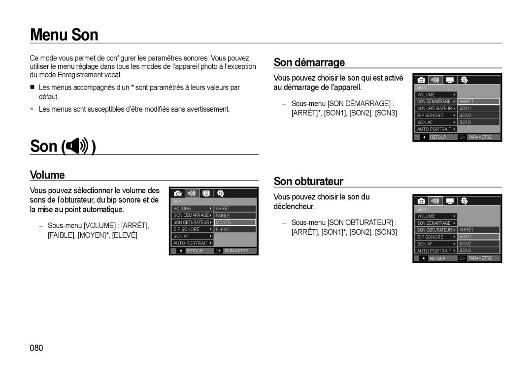 Samsung EC-WB550BBP/FR, EC-WB550ABP/FR, EC-WB560BBP/FR manual Menu Son, Son démarrage, Volume Son obturateur 