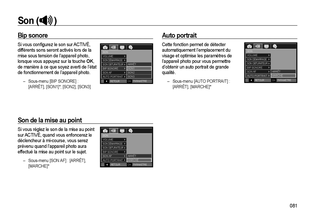 Samsung EC-WB550ABP/FR manual Bip sonore Auto portrait, Son de la mise au point, 081, Sous-menu SON AF ARRÊT, Marche 