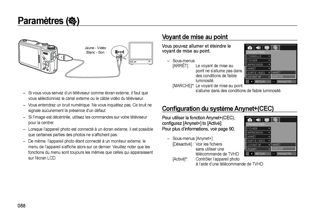 Samsung EC-WB560BBP/FR, EC-WB550BBP/FR, EC-WB550ABP/FR Voyant de mise au point, Conﬁguration du système Anynet+CEC, 088 