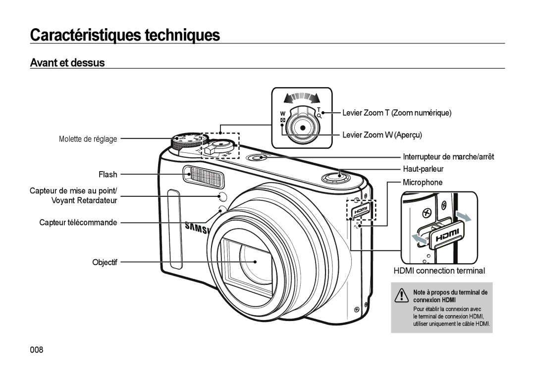 Samsung EC-WB550BBP/FR, EC-WB550ABP/FR, EC-WB560BBP/FR manual Caractéristiques techniques, Avant et dessus, 008 