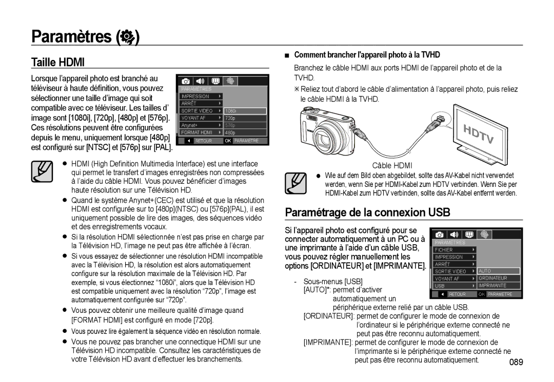 Samsung EC-WB550BBP/FR manual Taille Hdmi, Paramétrage de la connexion USB, Comment brancher lappareil photo à la Tvhd, 089 