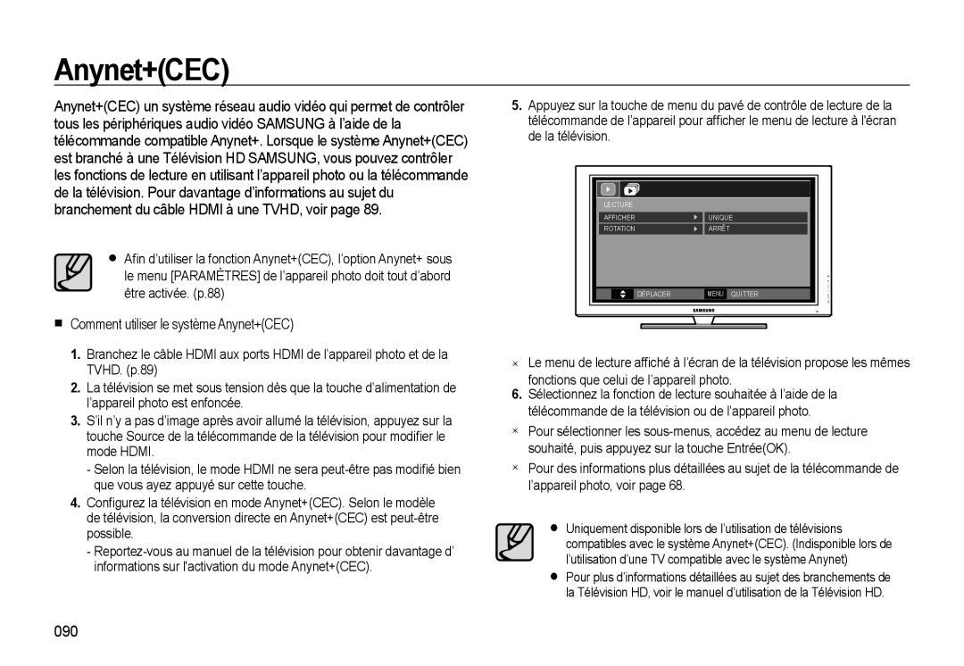 Samsung EC-WB550ABP/FR, EC-WB550BBP/FR, EC-WB560BBP/FR manual Comment utiliser le système Anynet+CEC, 090 