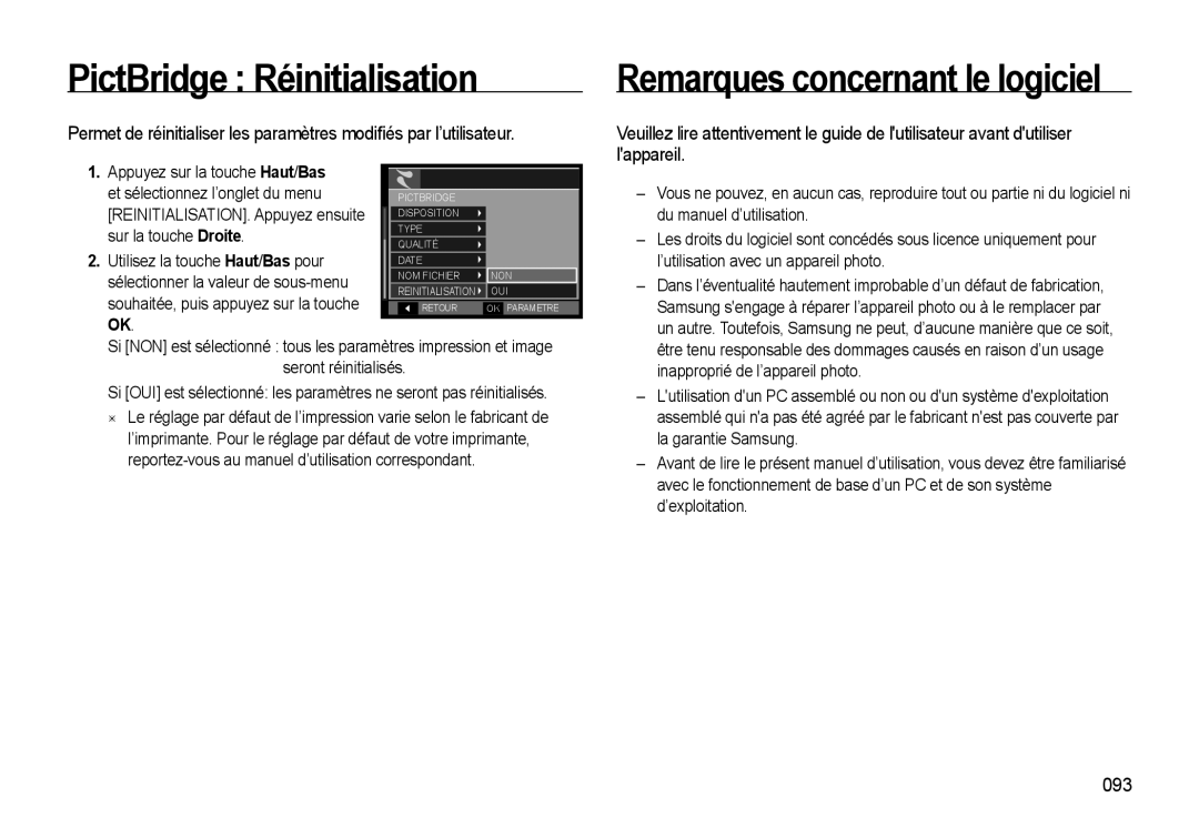 Samsung EC-WB550ABP/FR, EC-WB550BBP/FR, EC-WB560BBP/FR PictBridge Réinitialisation, Remarques concernant le logiciel, 093 