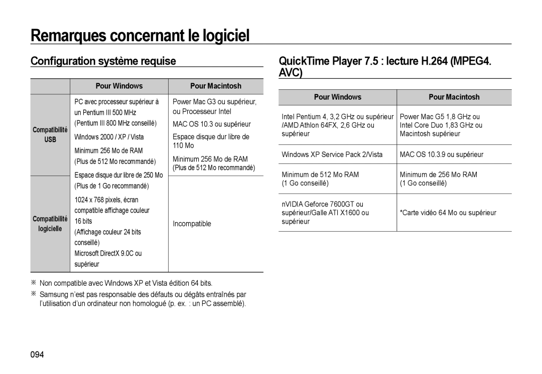 Samsung EC-WB560BBP/FR, EC-WB550BBP/FR Conﬁguration système requise, QuickTime Player 7.5 lecture H.264 MPEG4. AVC, 094 