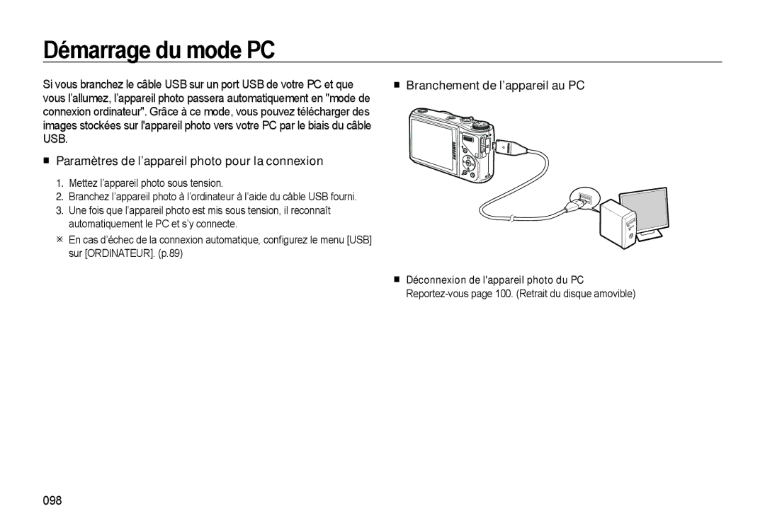 Samsung EC-WB550BBP/FR, EC-WB550ABP/FR manual Démarrage du mode PC, Paramètres de l’appareil photo pour la connexion, 098 