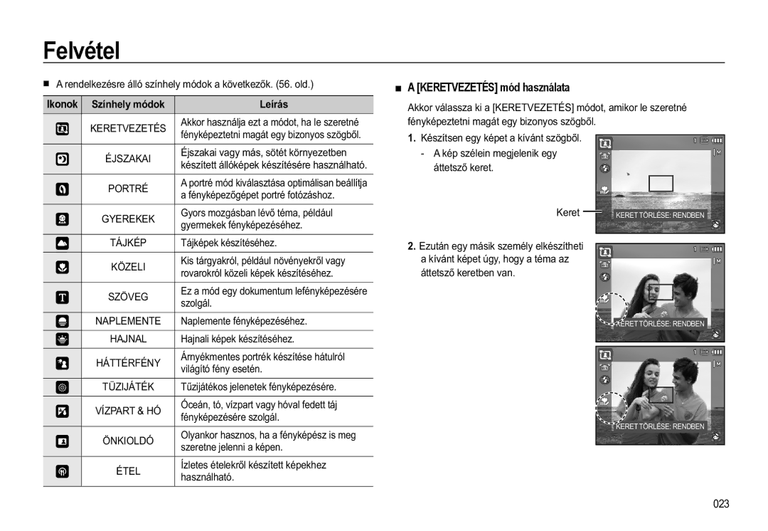 Samsung EC-WB550BBP/IT, EC-WB550ABP/IT, EC-WB550ABP/E3, EC-WB550BBP/E3 manual „ a Keretvezetés mód használata 