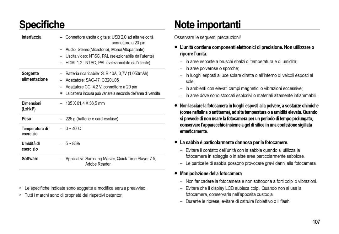 Samsung EC-WB550BBP/IT manual Osservare le seguenti precauzioni, La sabbia è particolarmente dannosa per le fotocamere, 107 