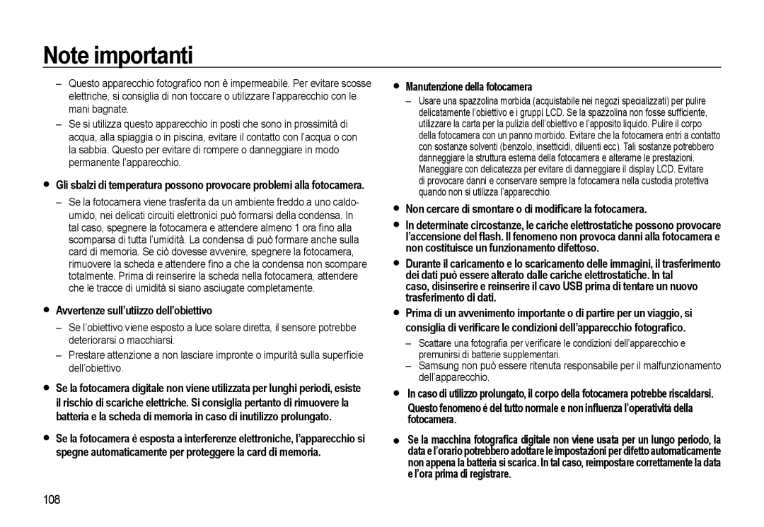 Samsung EC-WB550BBP/E1, EC-WB550BBP/IT manual Avvertenze sull’utiizzo dell’obiettivo, Manutenzione della fotocamera, 108 