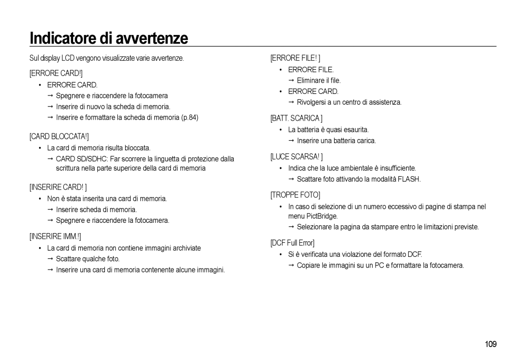 Samsung EC-WB550ABP/IT, EC-WB550BBP/IT, EC-WB550BBP/E1 manual Indicatore di avvertenze, DCF Full Error, 109, Errore Card 