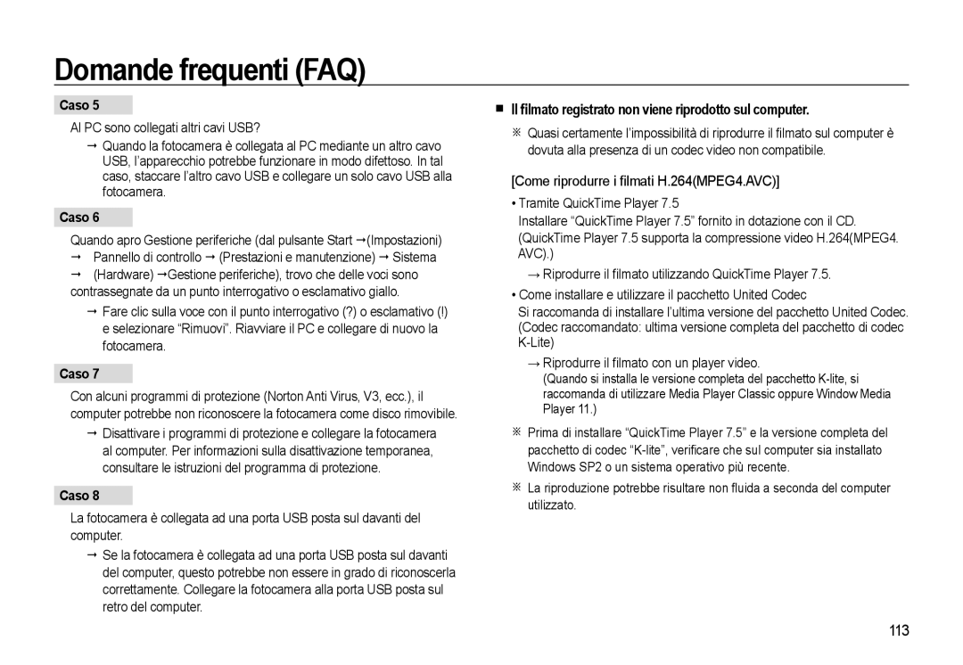 Samsung EC-WB550BBP/IT, EC-WB550BBP/E1, EC-WB550ABP/IT manual Il ﬁlmato registrato non viene riprodotto sul computer, 113 