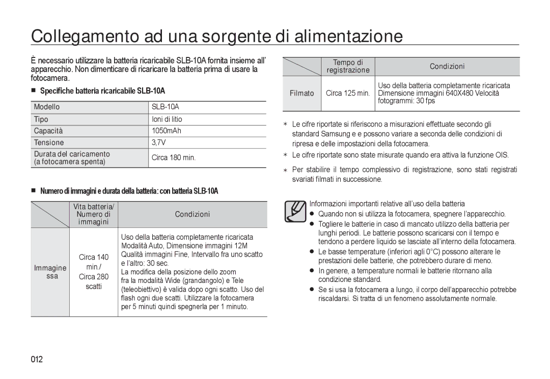 Samsung EC-WB550BBP/E1 manual Collegamento ad una sorgente di alimentazione, Speciﬁche batteria ricaricabile SLB-10A, 012 