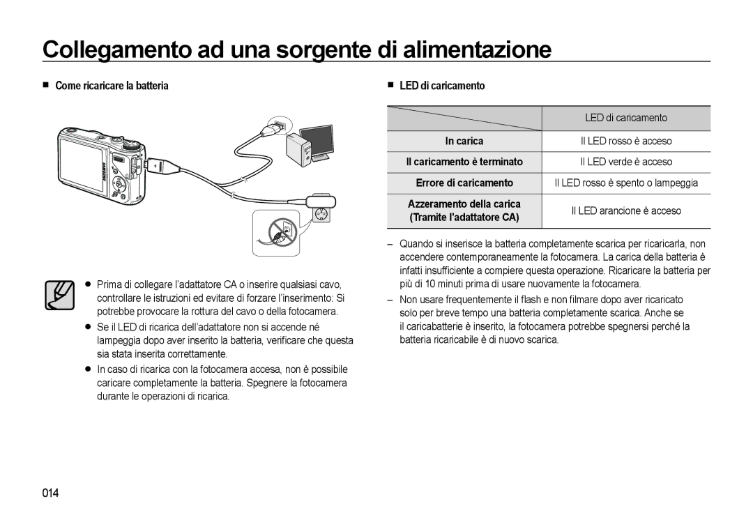 Samsung EC-WB550BBP/IT, EC-WB550BBP/E1, EC-WB550ABP/IT manual Come ricaricare la batteria, LED di caricamento, 014 