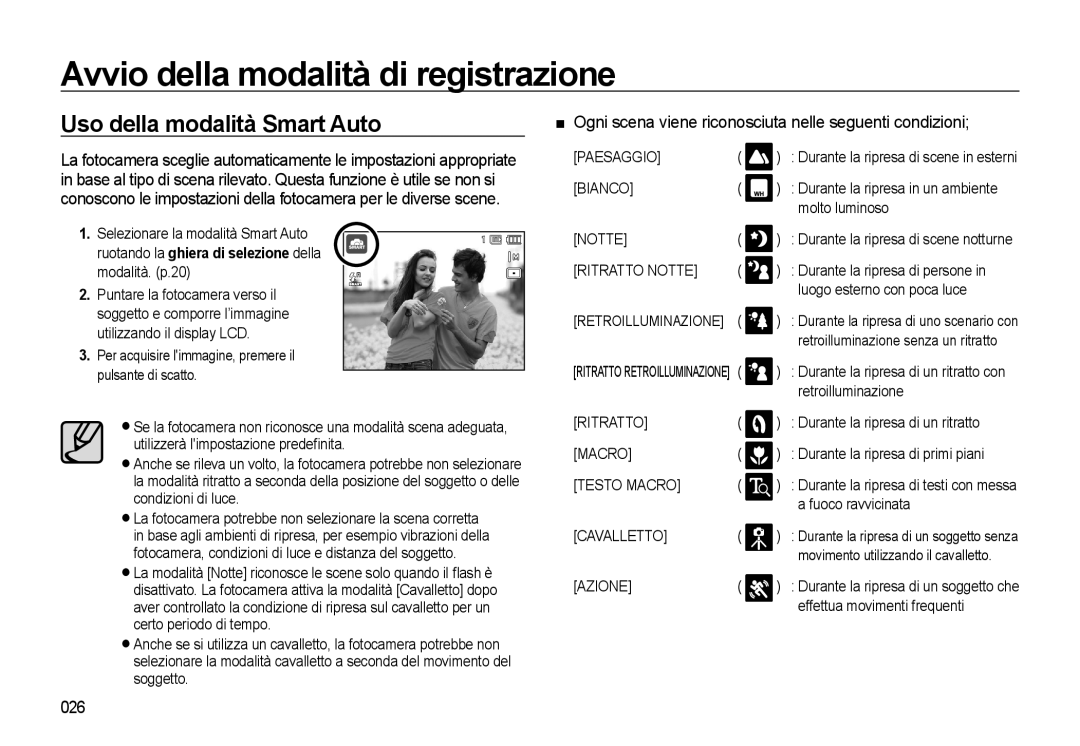 Samsung EC-WB550BBP/IT manual Uso della modalità Smart Auto, Ogni scena viene riconosciuta nelle seguenti condizioni, 026 