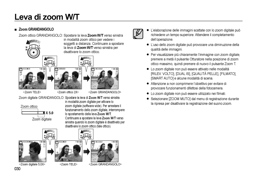 Samsung EC-WB550BBP/E1, EC-WB550BBP/IT manual Zoom Grandangolo, 030, Lo zoom digitale non può essere utilizzato nei ﬁlmati 