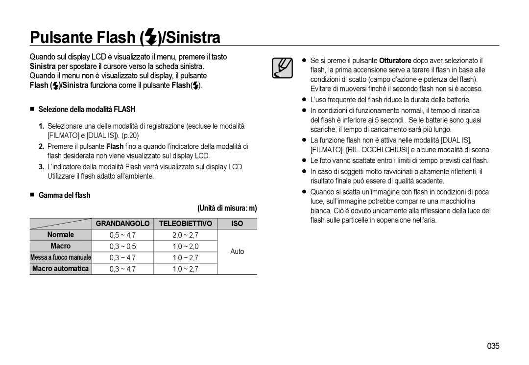 Samsung EC-WB550BBP/IT Pulsante Flash /Sinistra, Selezione della modalità Flash, Gamma del ﬂash Unità di misura m, 035 