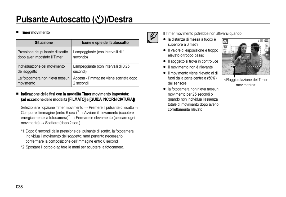 Samsung EC-WB550BBP/IT, EC-WB550BBP/E1, EC-WB550ABP/IT manual Timer movimento, 038, Situazione Icone e spie dell’autoscatto 