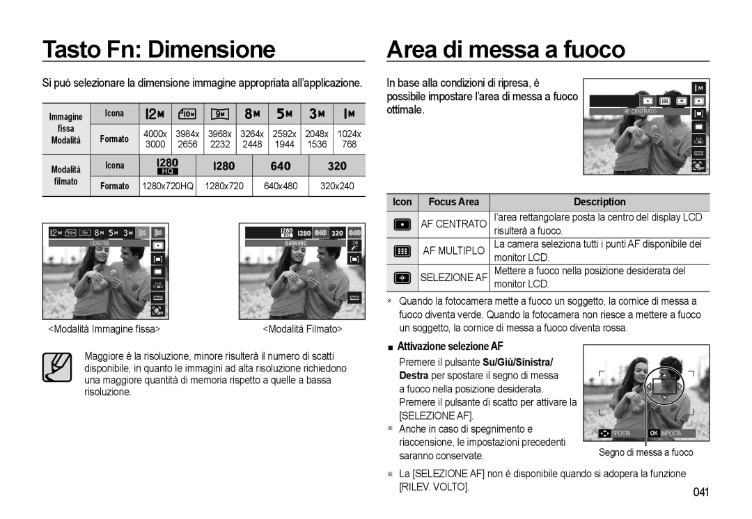 Samsung EC-WB550BBP/IT, EC-WB550BBP/E1, EC-WB550ABP/IT Tasto Fn Dimensione Area di messa a fuoco, Attivazione selezione AF 