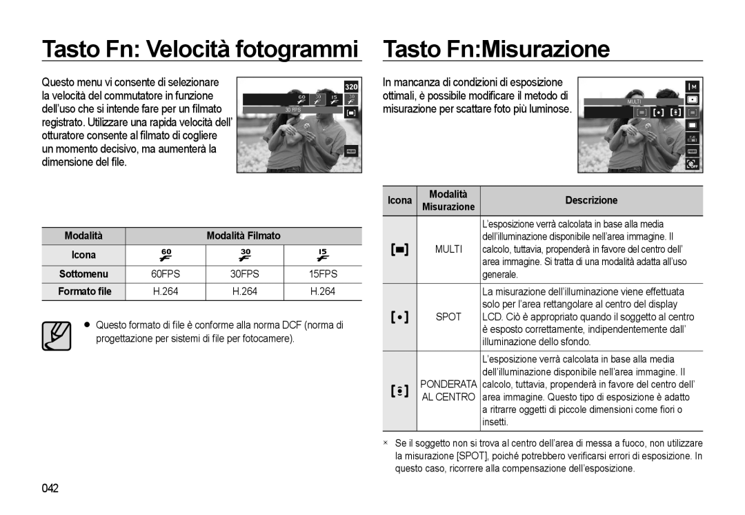 Samsung EC-WB550BBP/E1, EC-WB550BBP/IT, EC-WB550ABP/IT manual Tasto Fn Velocità fotogrammi Tasto FnMisurazione, 042 