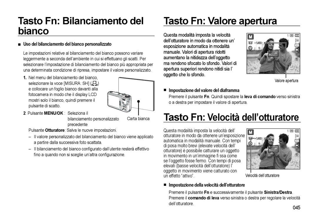 Samsung EC-WB550BBP/E1 Tasto Fn Bilanciamento del bianco Tasto Fn Valore apertura, Impostazione del valore del diaframma 