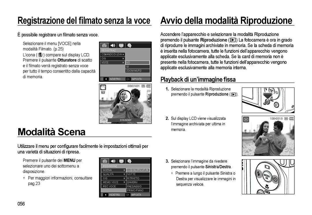 Samsung EC-WB550BBP/IT, EC-WB550BBP/E1, EC-WB550ABP/IT manual Modalità Scena, Playback di un’immagine ﬁssa, 056 