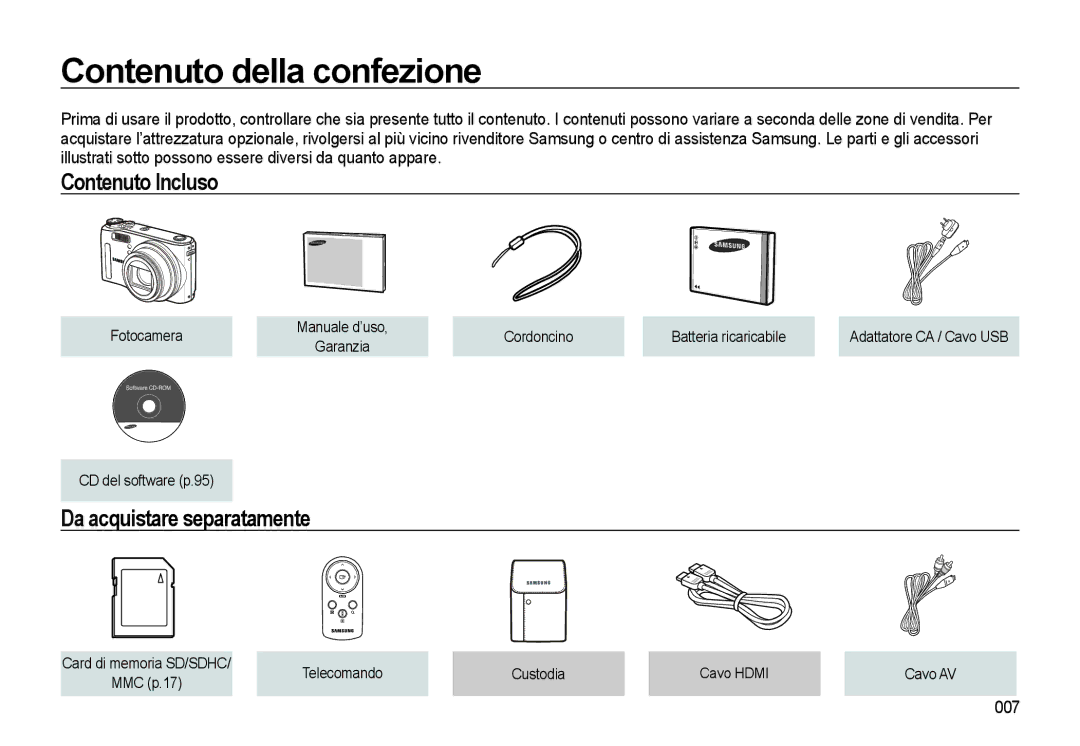 Samsung EC-WB550ABP/IT, EC-WB550BBP/IT Contenuto della confezione, Contenuto Incluso, Da acquistare separatamente, 007 