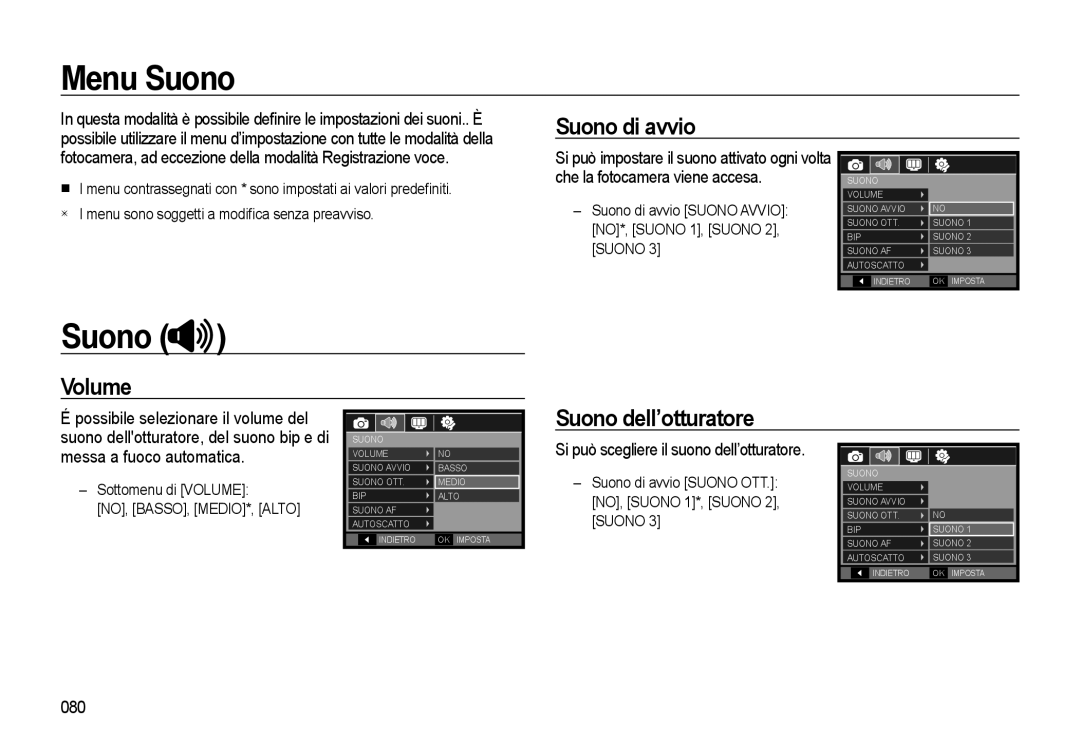 Samsung EC-WB550BBP/IT, EC-WB550BBP/E1, EC-WB550ABP/IT manual Menu Suono, Suono di avvio, Volume, Suono dell’otturatore 