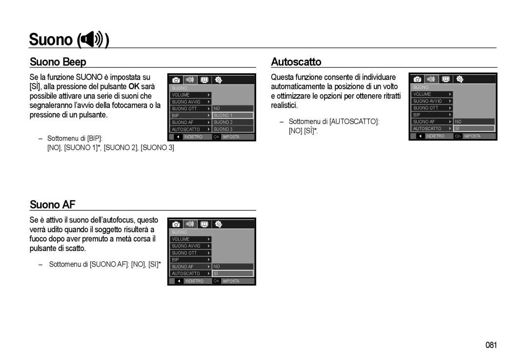 Samsung EC-WB550BBP/E1 Suono Beep Autoscatto, Suono AF, 081, Possibile attivare una serie di suoni che, Sottomenu di BIP 