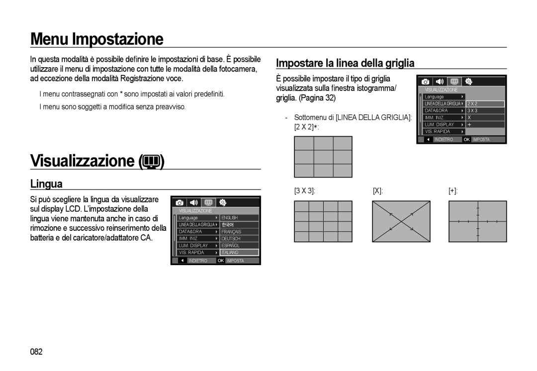 Samsung EC-WB550ABP/IT, EC-WB550BBP/IT manual Menu Impostazione, Visualizzazione, Impostare la linea della griglia, Lingua 