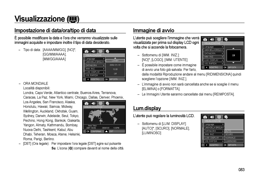 Samsung EC-WB550BBP/IT, EC-WB550BBP/E1 manual Impostazione di data/ora/tipo di data, Immagine di avvio, Lum.display, 083 