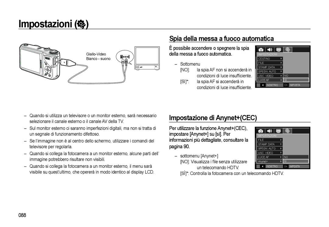 Samsung EC-WB550ABP/IT, EC-WB550BBP/IT manual Spia della messa a fuoco automatica, Impostazione di Anynet+CEC, Pagina, 088 