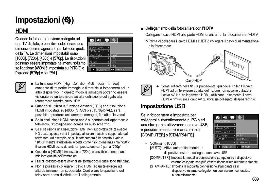 Samsung EC-WB550BBP/IT, EC-WB550BBP/E1, EC-WB550ABP/IT manual Impostazione USB, Collegamento della fotocamera con lHDTV, 089 