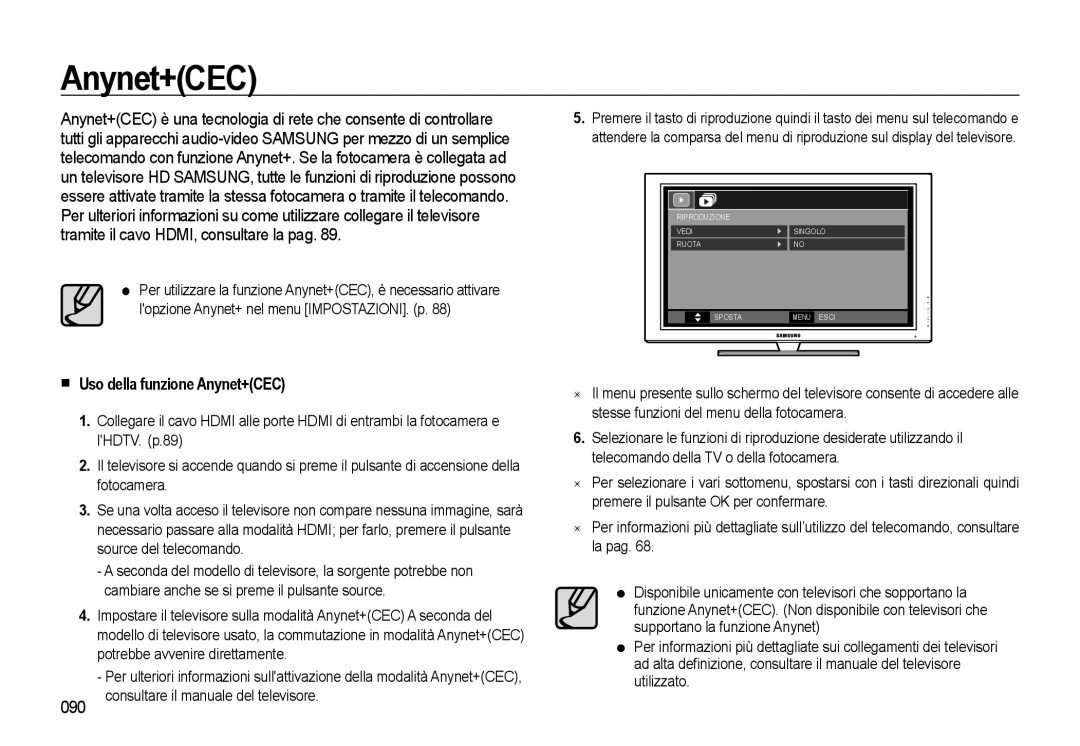 Samsung EC-WB550BBP/E1, EC-WB550BBP/IT Uso della funzione Anynet+CEC, 090, Consultare il manuale del televisore 