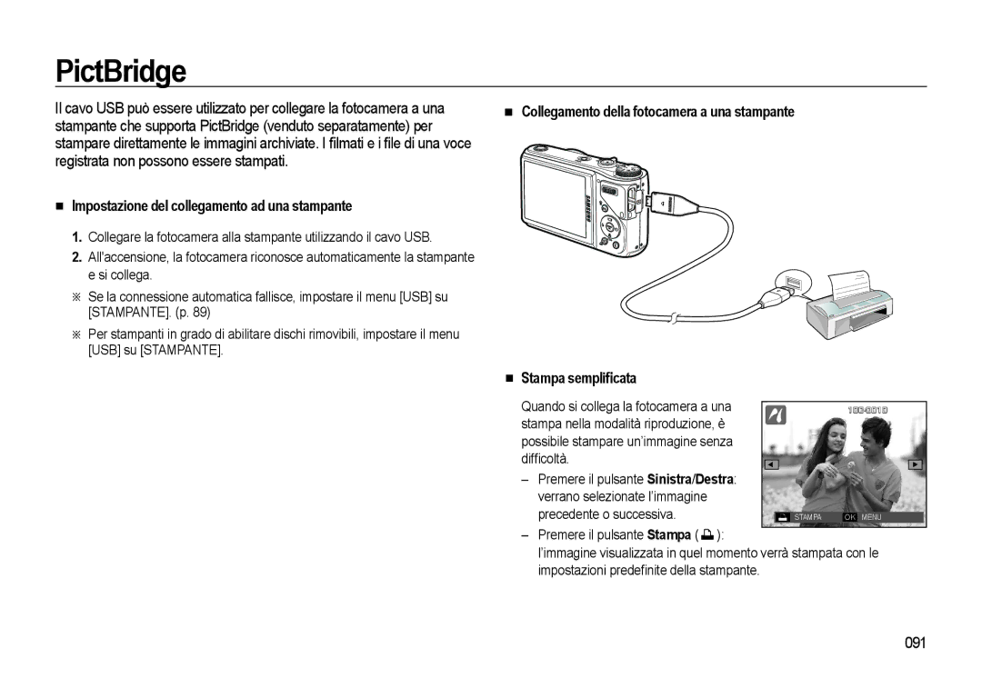 Samsung EC-WB550ABP/IT manual PictBridge, Impostazione del collegamento ad una stampante, 091, Precedente o successiva 