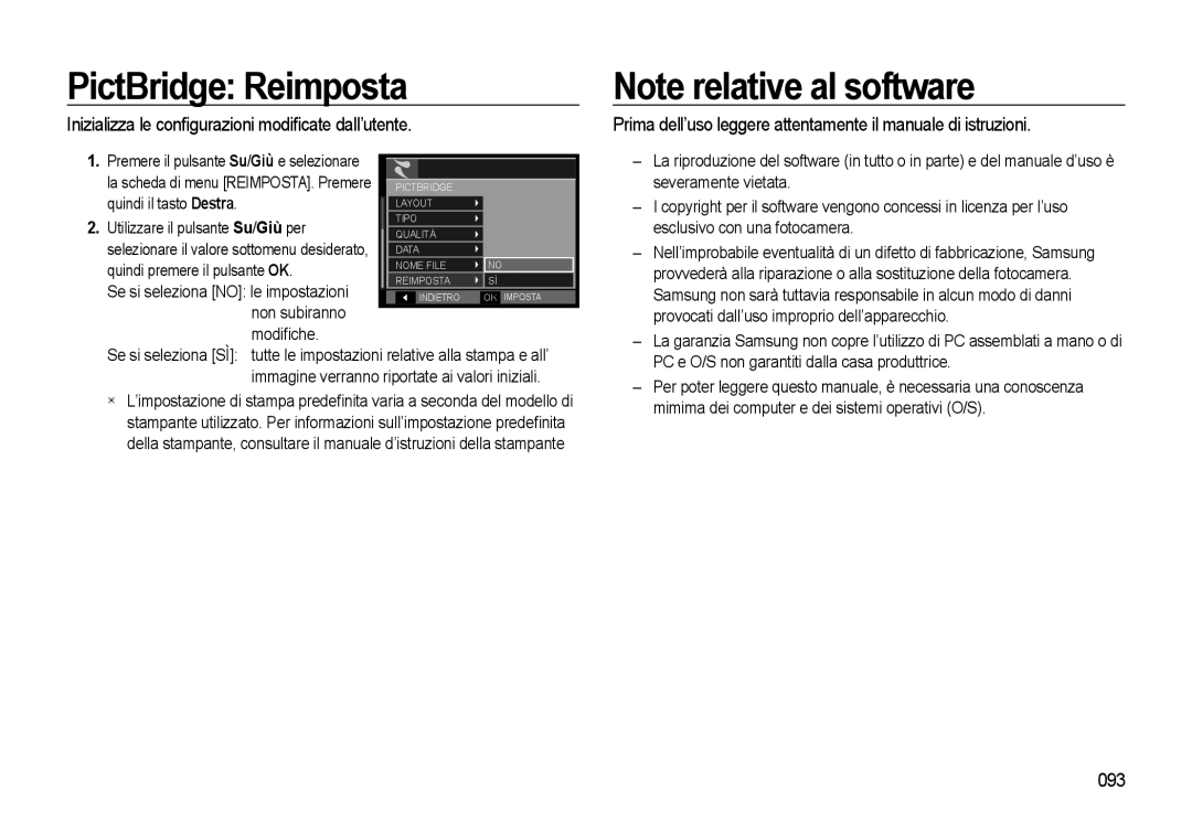 Samsung EC-WB550BBP/E1, EC-WB550BBP/IT manual PictBridge Reimposta, Inizializza le conﬁgurazioni modiﬁcate dall’utente, 093 