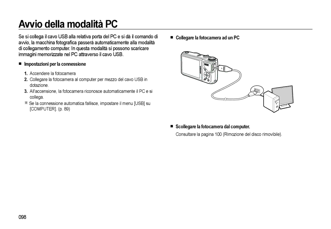 Samsung EC-WB550BBP/IT, EC-WB550BBP/E1, EC-WB550ABP/IT manual Avvio della modalità PC, Impostazioni per la connessione, 098 