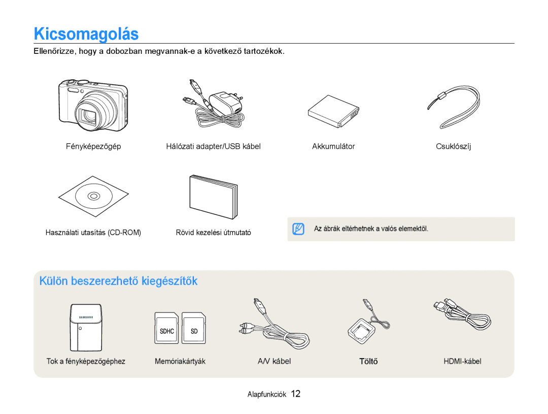 Samsung EC-WB600ZBPNIT manual Kicsomagolás, Külön beszerezhető kiegészítők, Használati utasítás CD-ROM, Alapfunkciók 