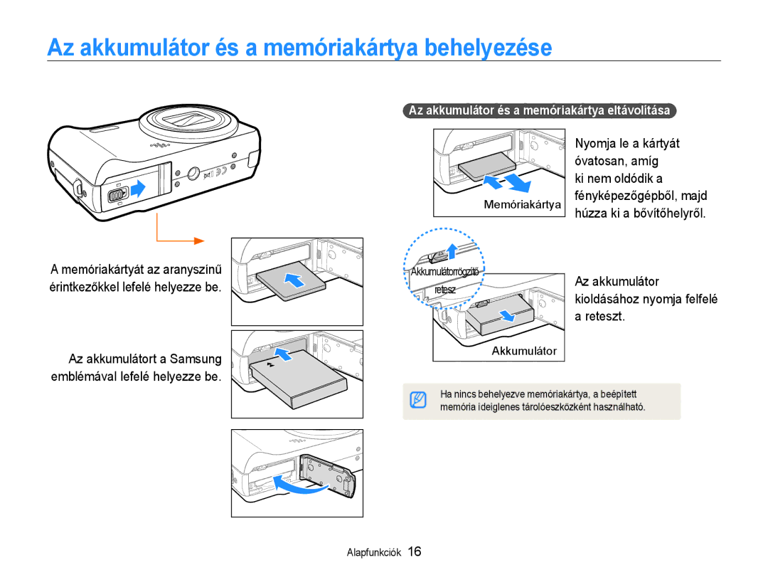 Samsung EC-WB600ZBPBE2, EC-WB600ZBPAIT, EC-WB600ZBPNIT, EC-WB600ZBPBE3 manual Az akkumulátor és a memóriakártya behelyezése 