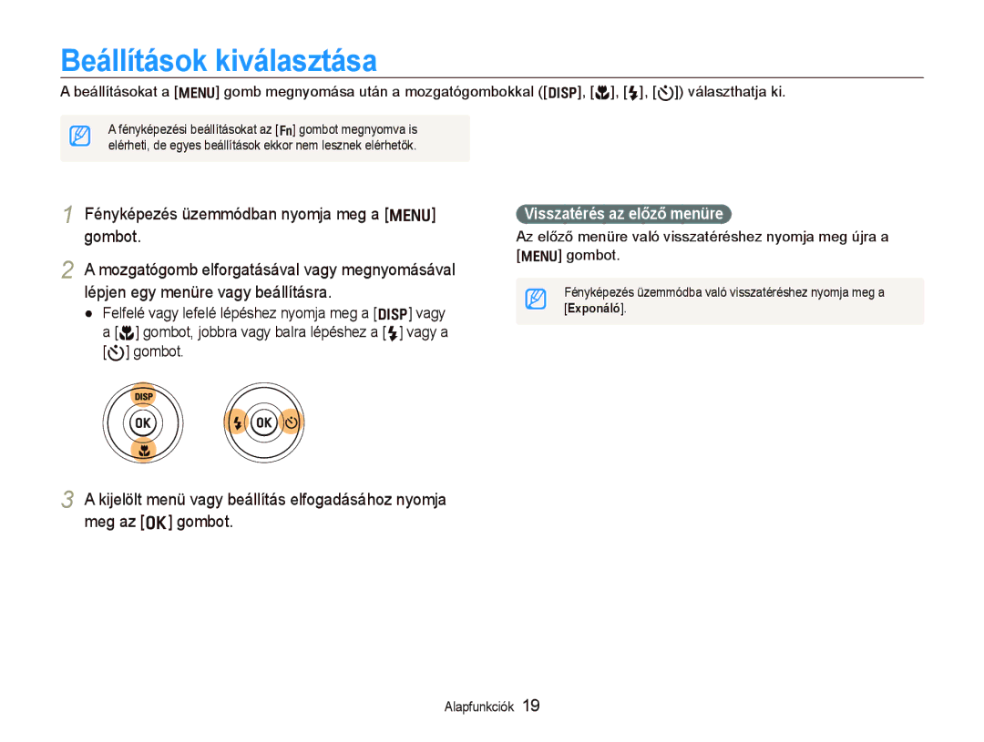 Samsung EC-WB600ZBPBE3, EC-WB600ZBPAIT manual Fényképezés üzemmódban nyomja meg a m gombot, Visszatérés az előző menüre 