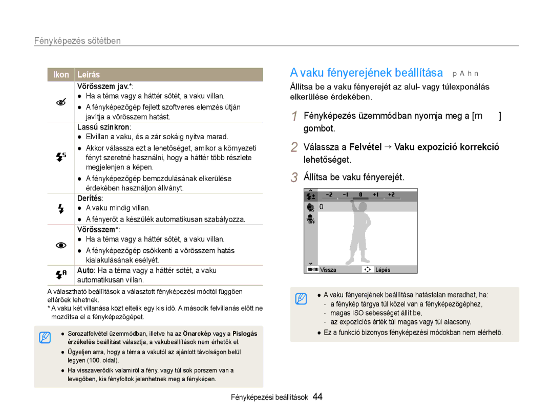 Samsung EC-WB600ZBPNE3 manual Vaku fényerejének beállítása p a h n, Fényképezés sötétben, Állítsa be vaku fényerejét 