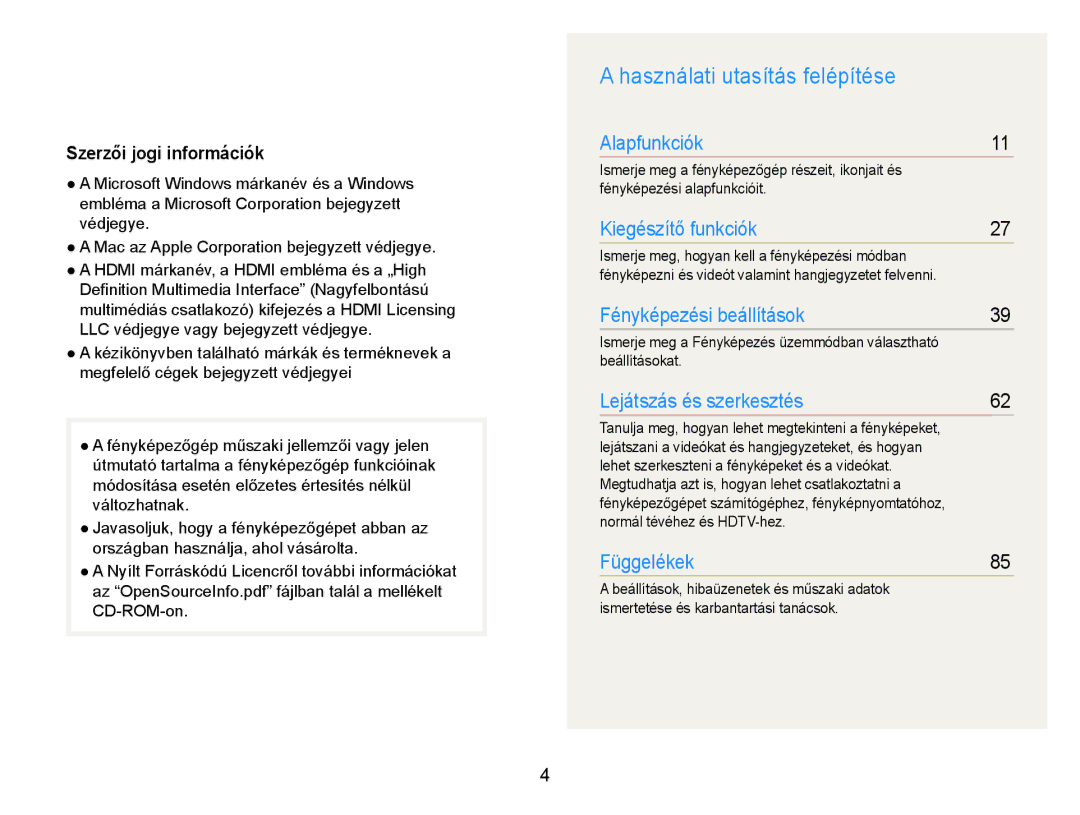 Samsung EC-WB600ZBPBE2 Használati utasítás felépítése, Szerzői jogi információk, Beállításokat, Normál tévéhez és HDTV-hez 